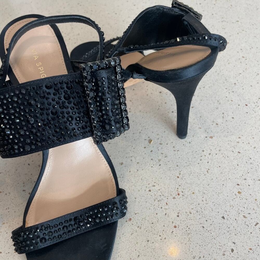 Via Spiga Black Embellished Heels | Rhinestone Ankle Strap Sandals - Picture 5 of 5